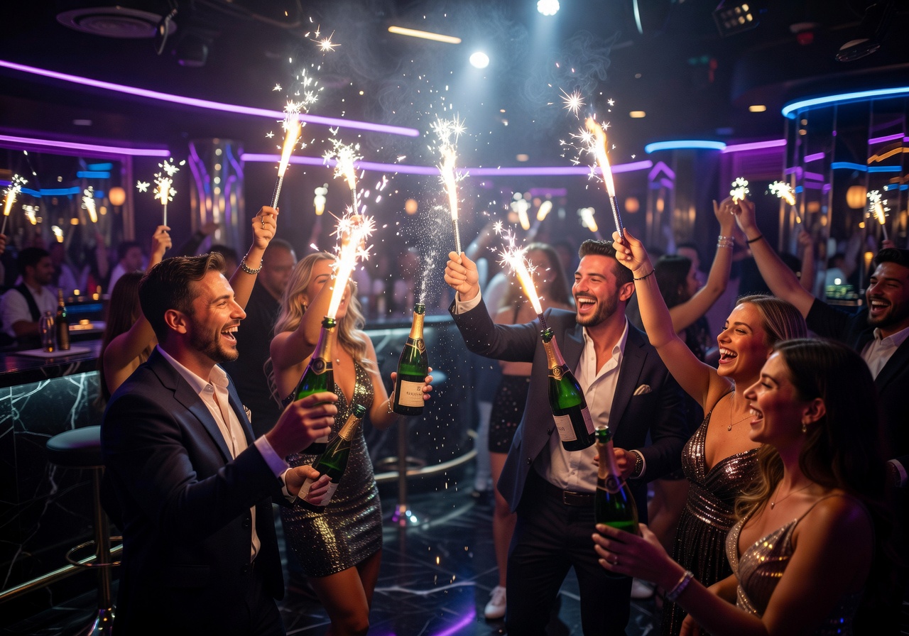 Celebration moment inside Malta club with sparklers and champagne bottles