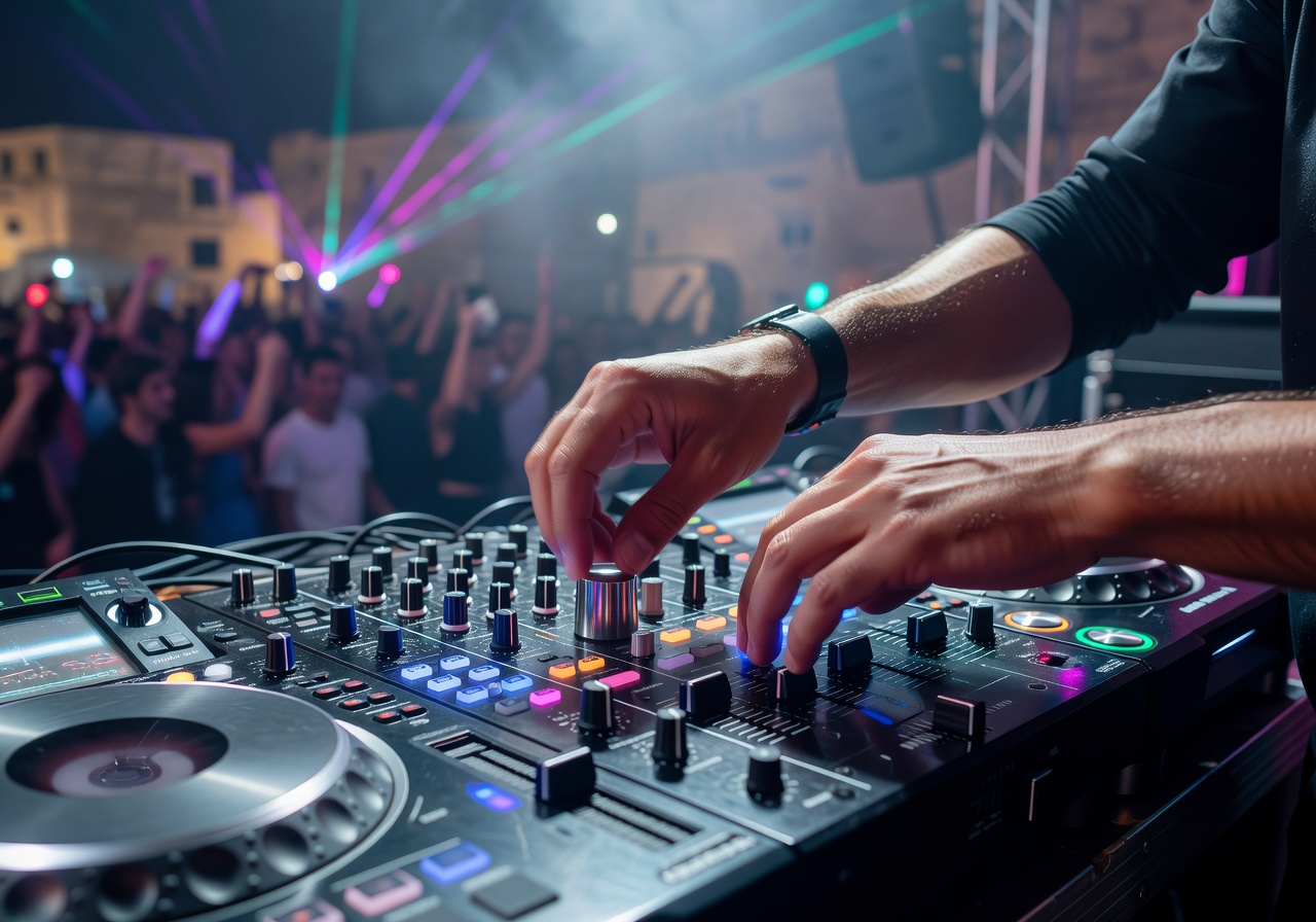 Close-up of DJ hands on mixing console at Malta electronic music event