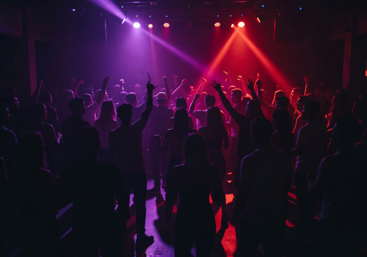 Crowd silhouettes at Malta nightclub with dramatic purple and red stage lighting