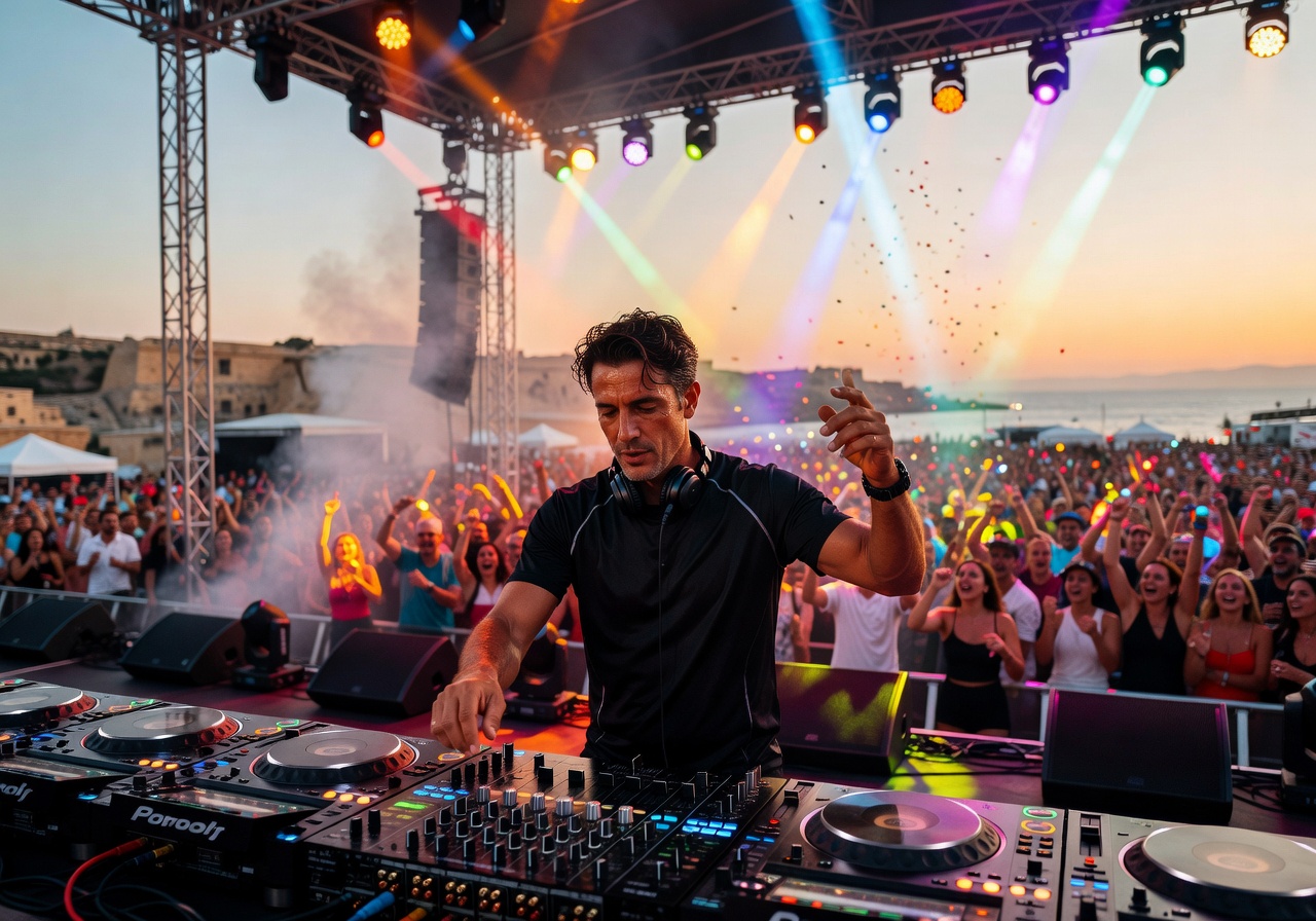 DJ headliner performing at Malta summer festival with crowd in background