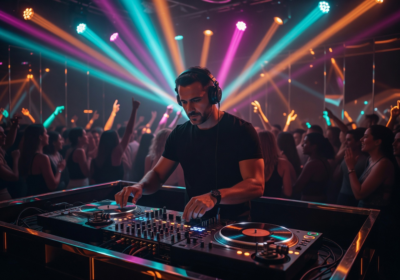 DJ performing at Malta nightclub with colorful stage lighting and turntable setup