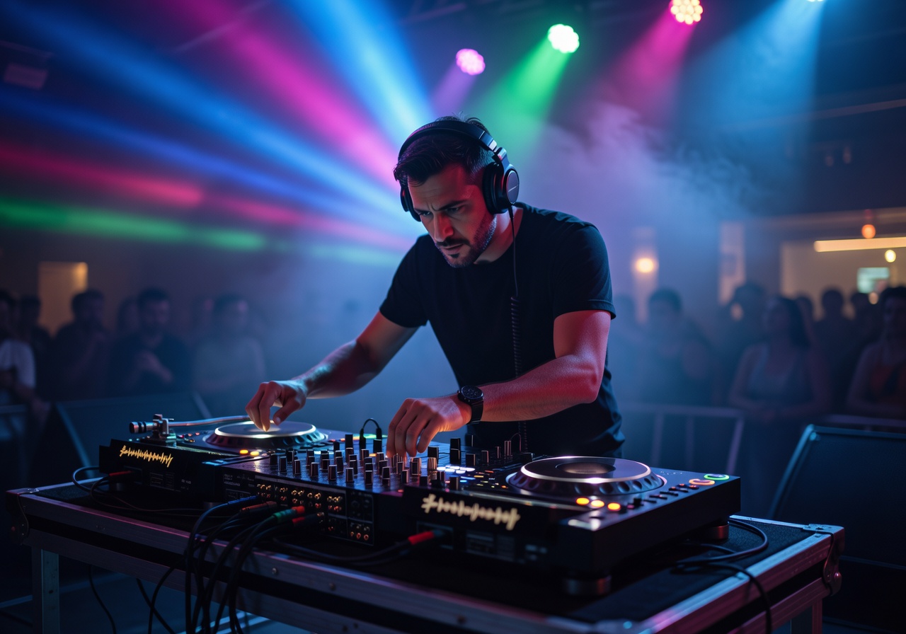 DJ performing behind decks with headphones and colorful backlighting