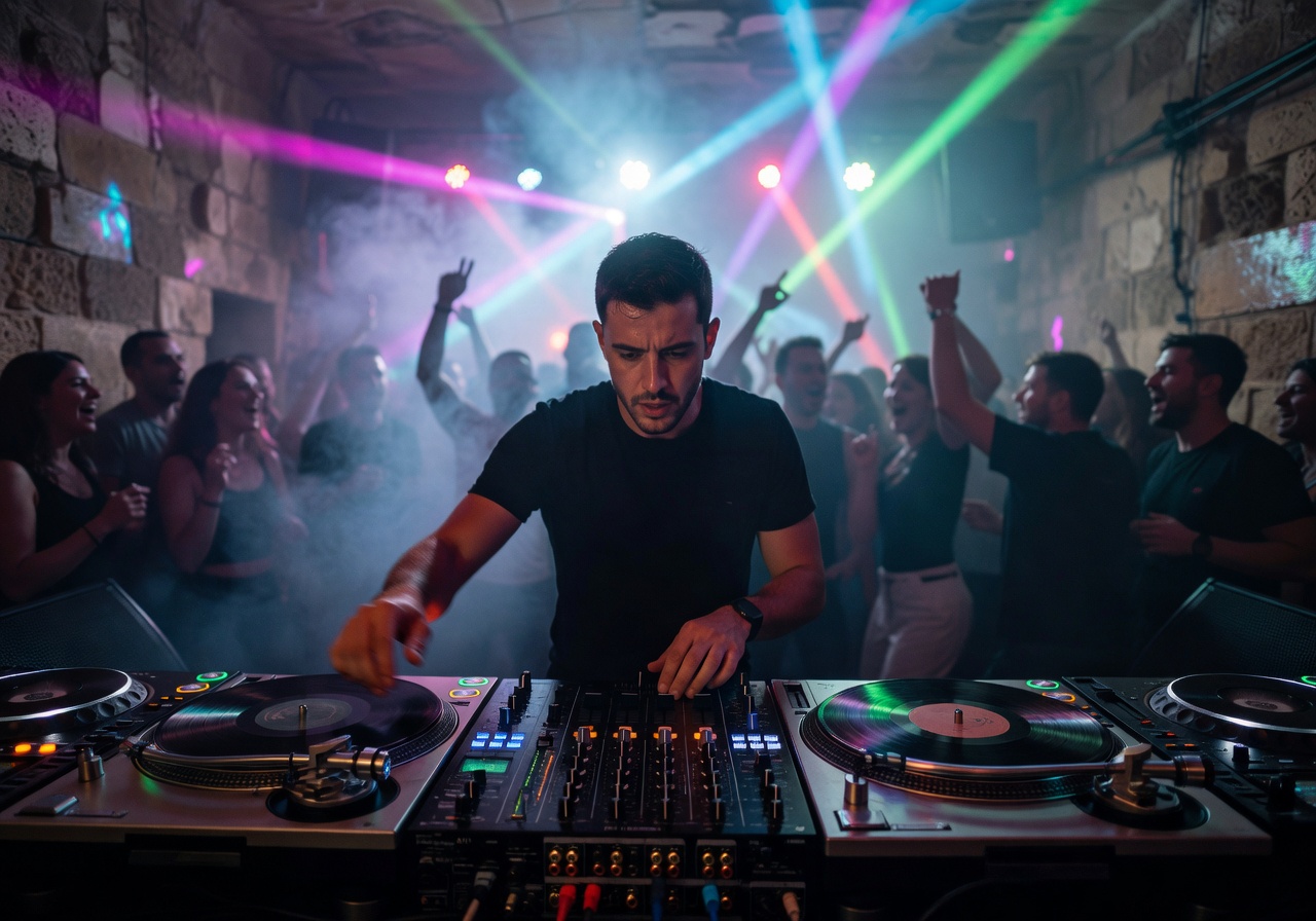 DJ performing live set at Malta club with turntables and mixer