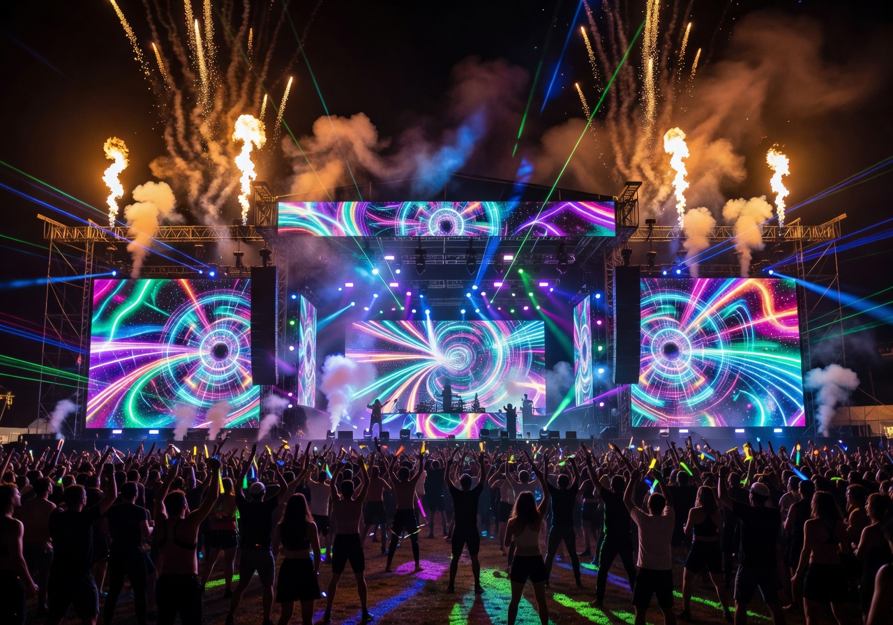 EDM festival stage with massive LED screen and pyrotechnics