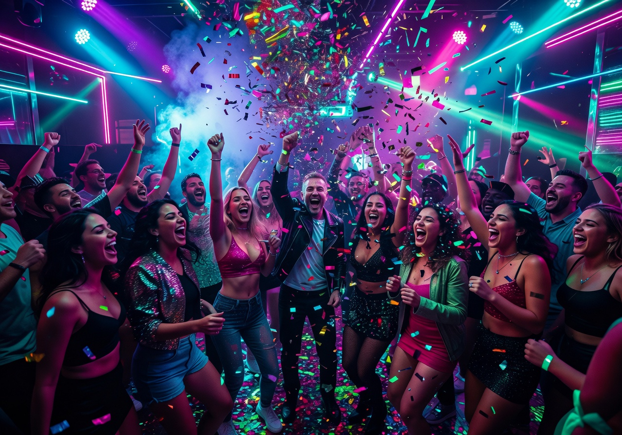 Energetic Malta nightclub crowd celebrating with confetti and neon lights