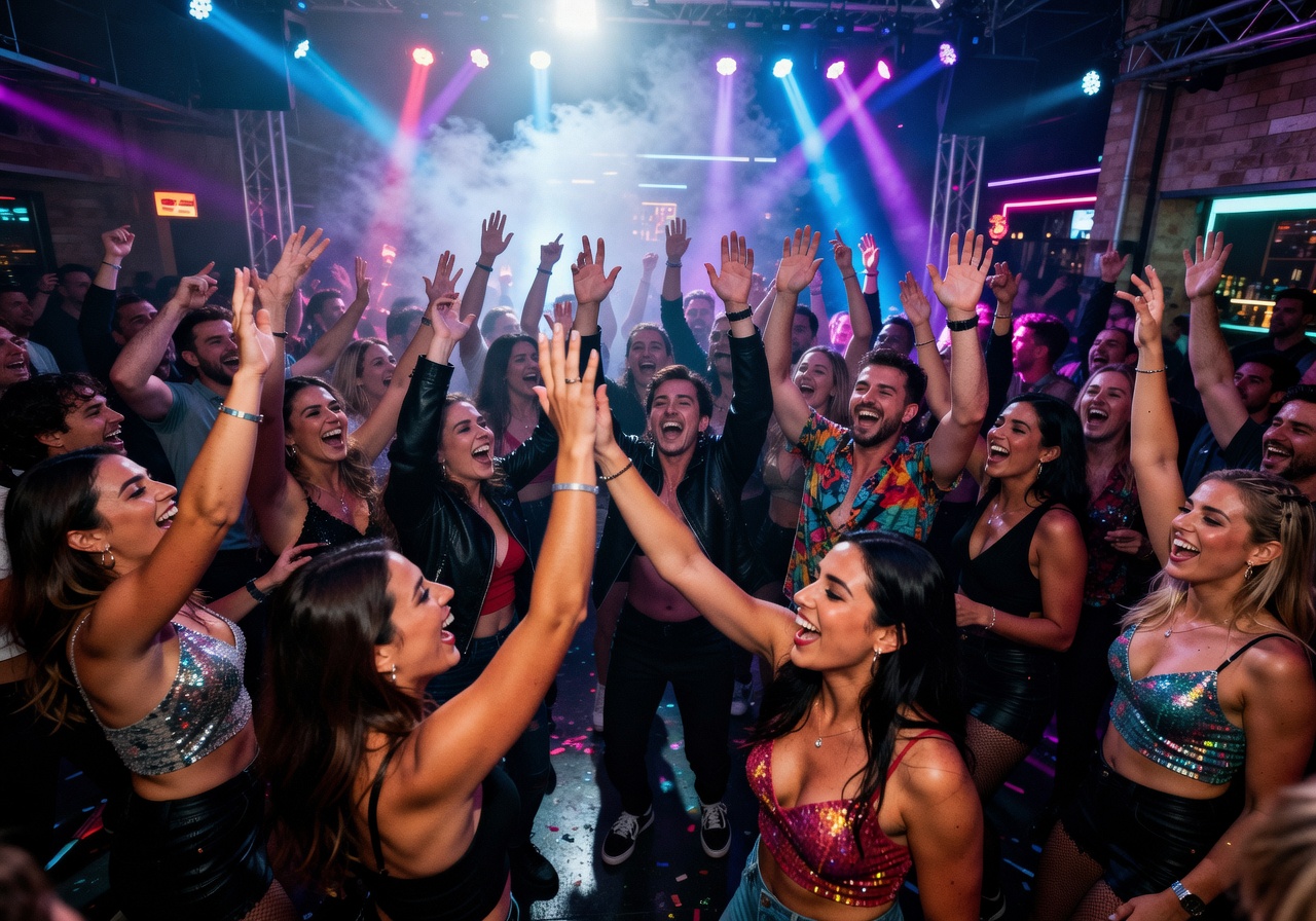 Excited crowd dancing at Malta nightclub with hands raised