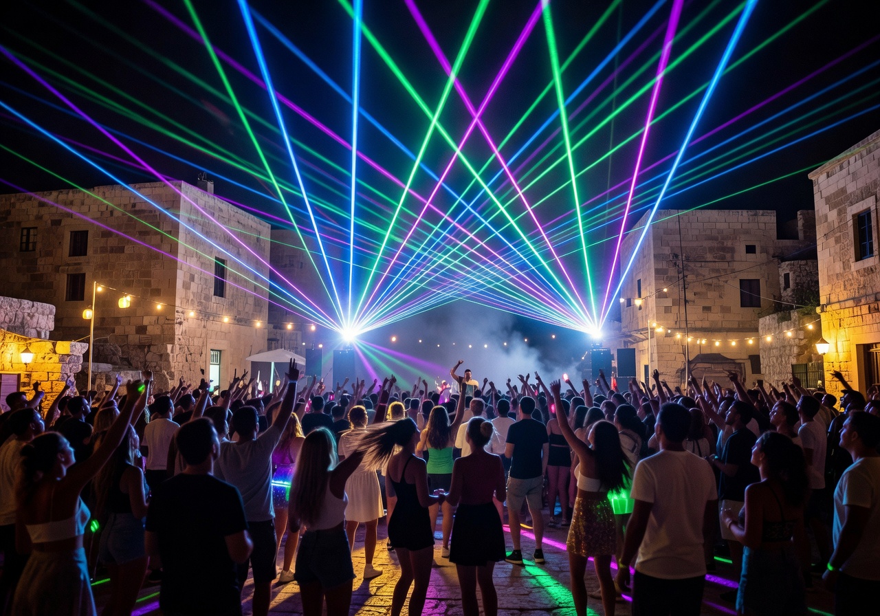 Gianpula Village Malta outdoor festival venue with laser show over crowd