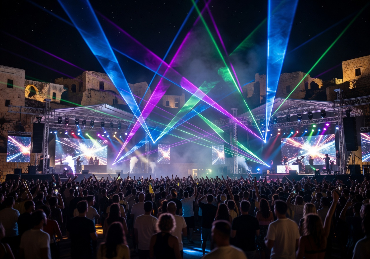 Gianpula Village Malta outdoor festival venue with multiple stages and laser lights