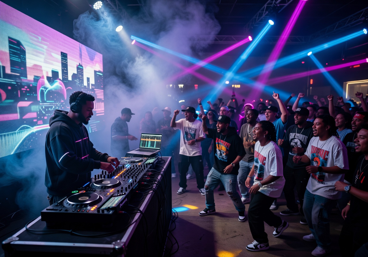 Hip-hop club night with DJ playing urban beats and energetic dance floor