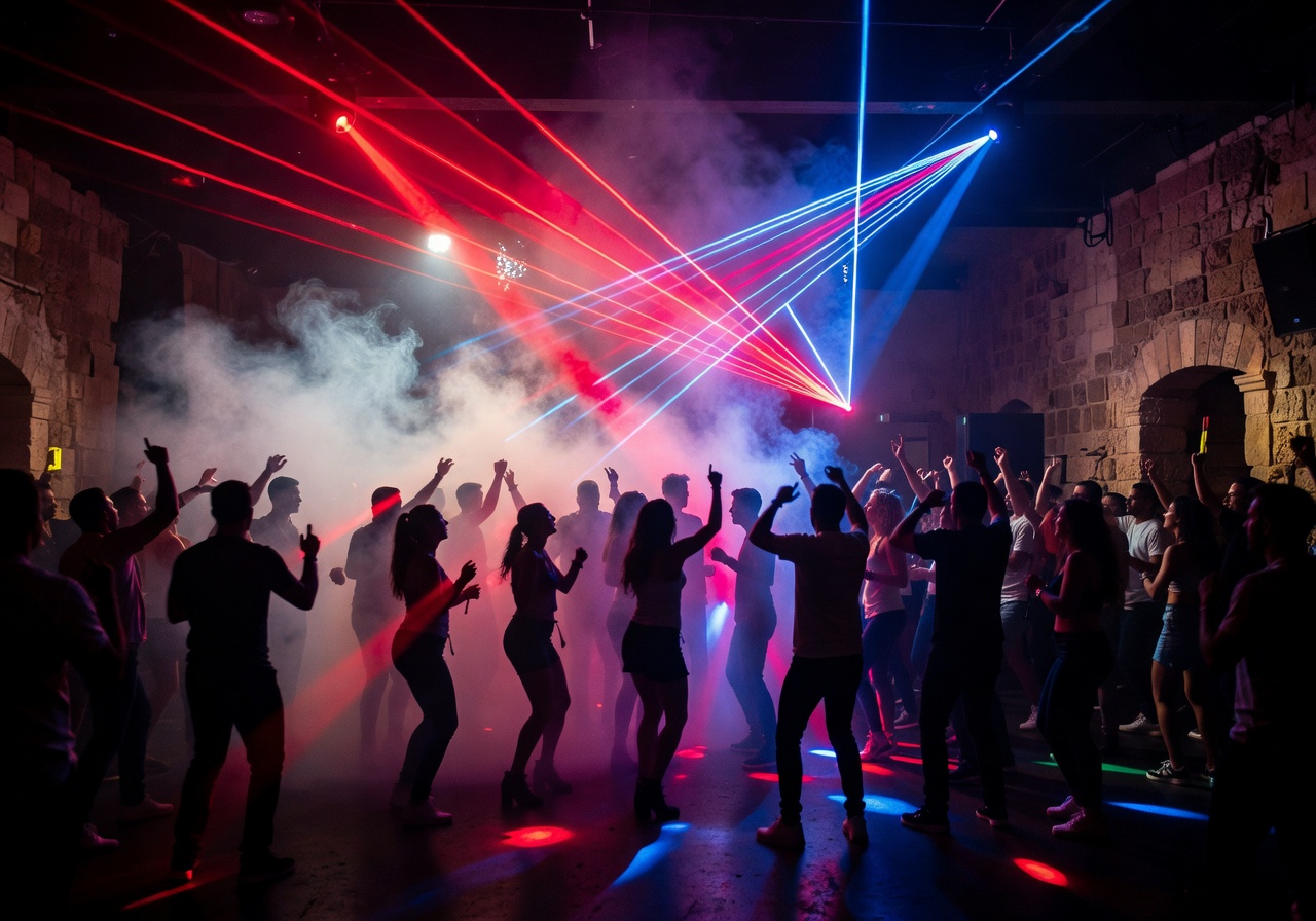 Inside a Malta nightclub with red and blue laser beams cutting through fog