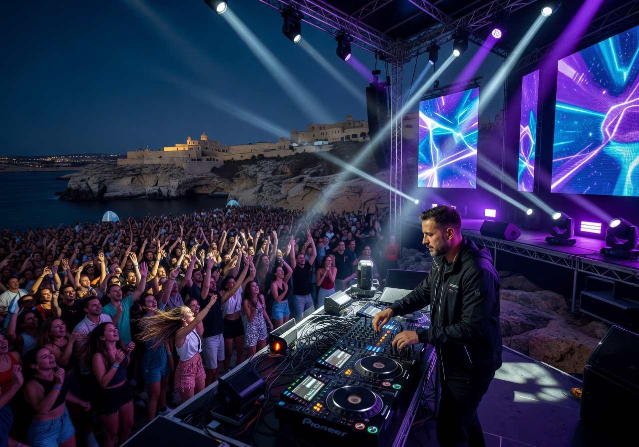 International DJ headliner mixing at Malta festival with massive crowd