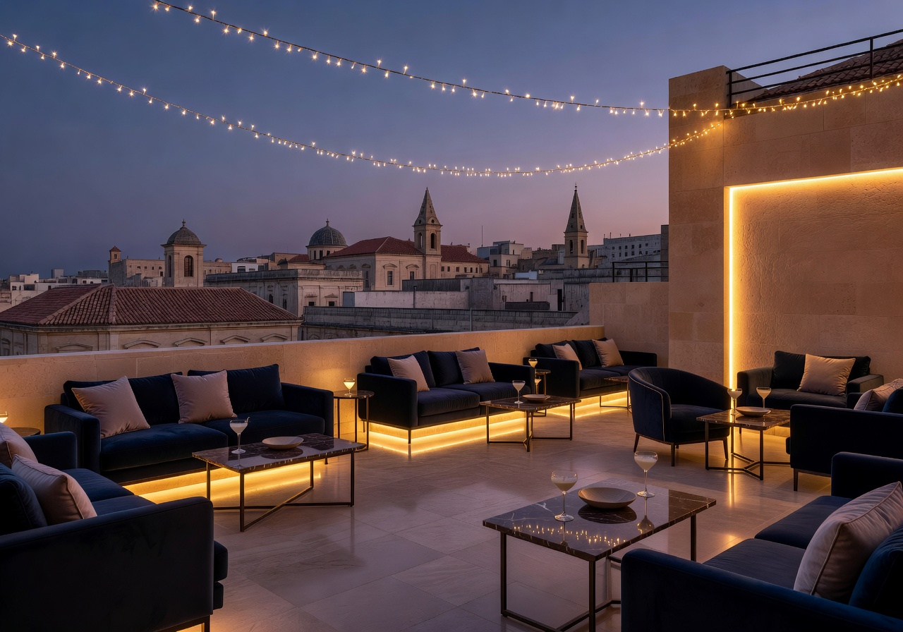 Luxury Malta rooftop venue with ambient lighting and lounge seating