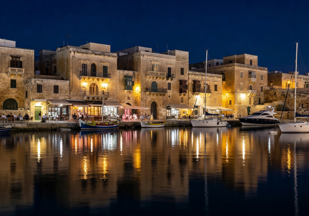 Malta harbor at night with illuminated buildings and waterfront bars
