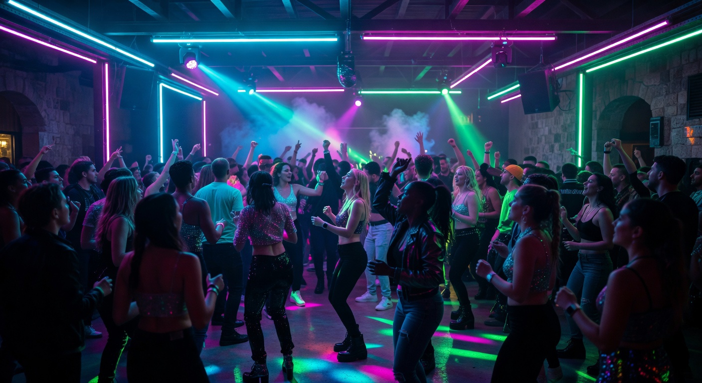 Malta nightclub scene with crowd dancing under neon lights