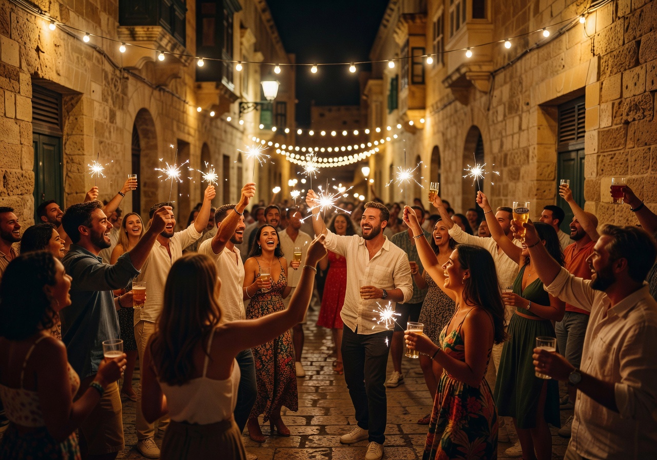 Malta nightlife celebration scene with sparklers and warm ambient lighting