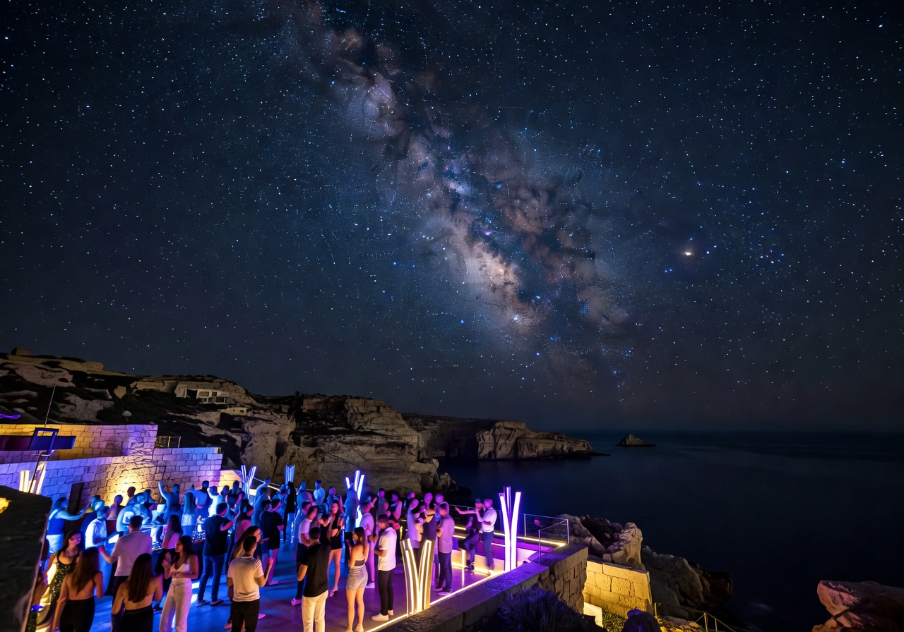 Night sky over Malta with stars visible from outdoor club venue