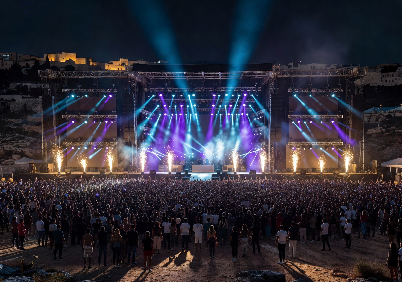 Outdoor Malta music festival with massive stage production and light show