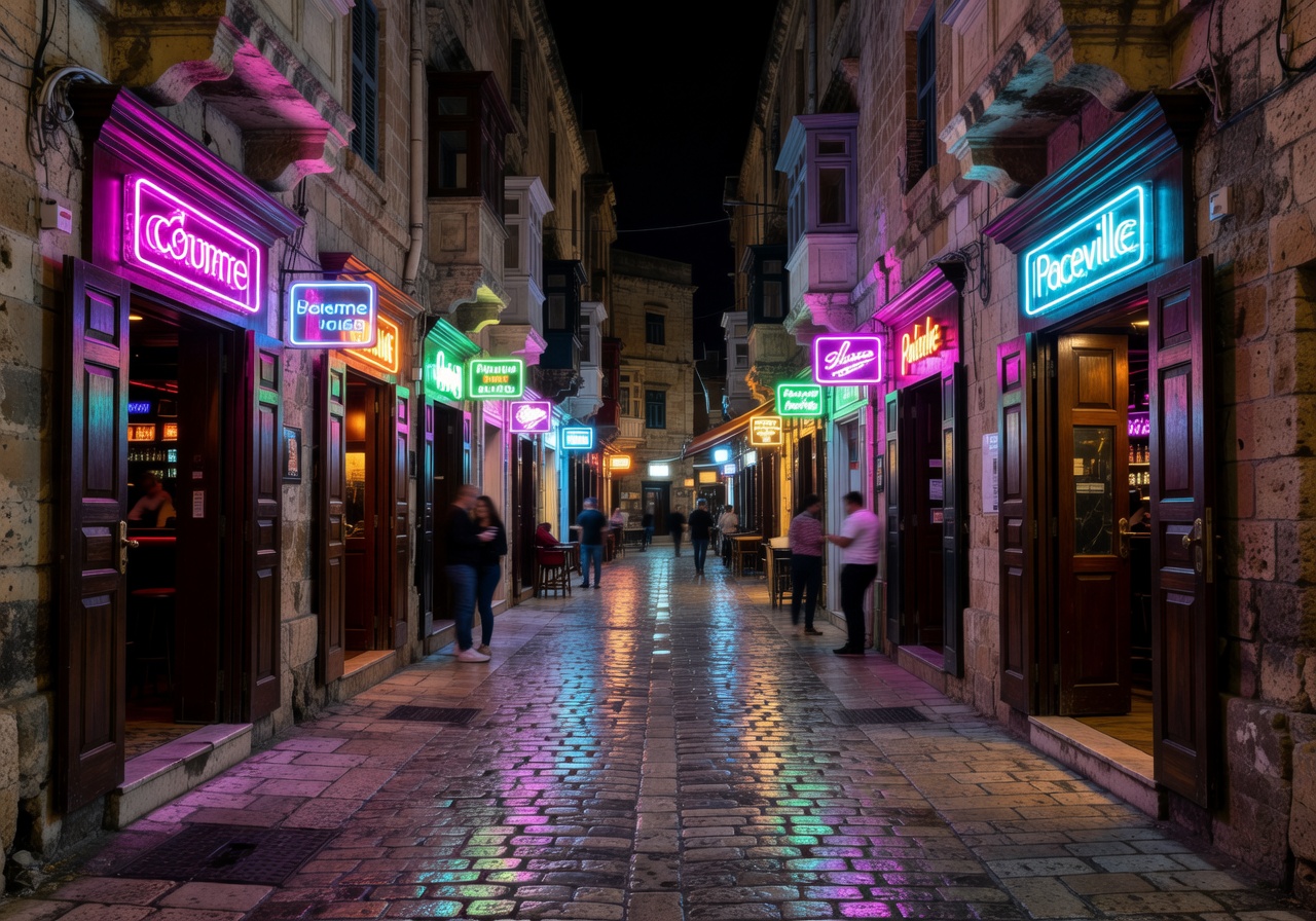 Paceville Malta street view at night with neon signs and bar entrances