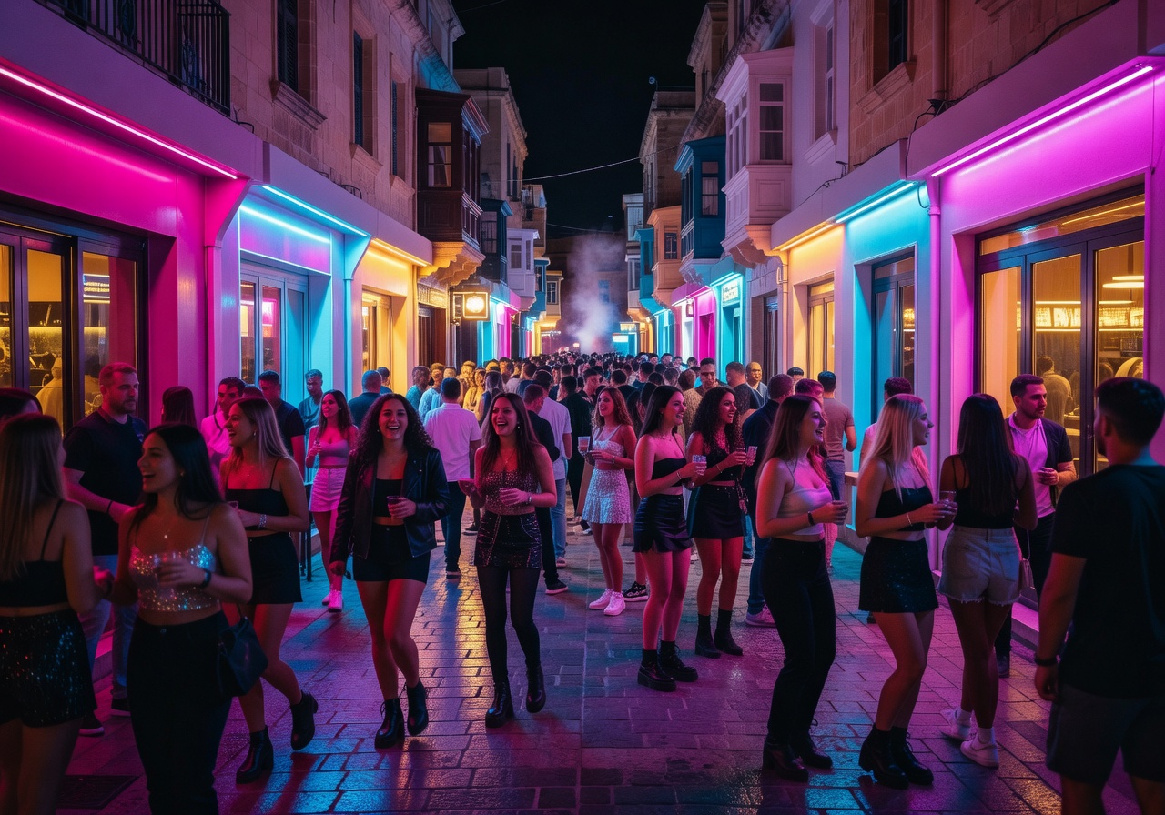 Paceville nightlife district in Malta with illuminated clubs and bars