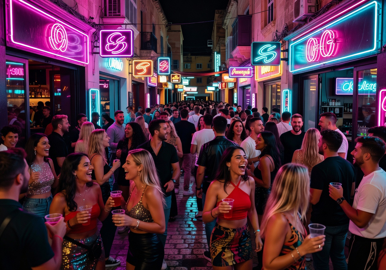Paceville nightlife streets packed with partygoers and neon-lit bars in Malta