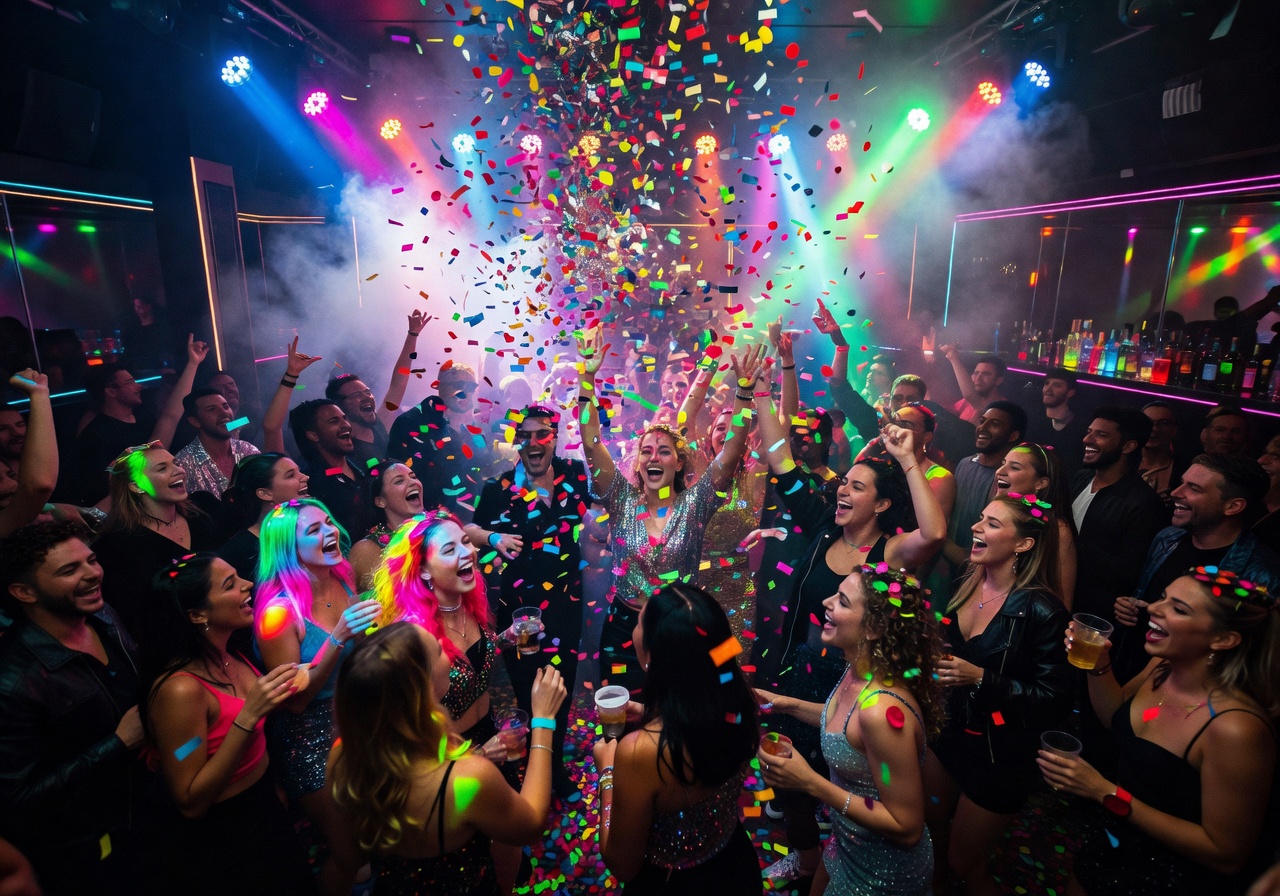 Party crowd at Paceville Malta club with confetti falling from ceiling