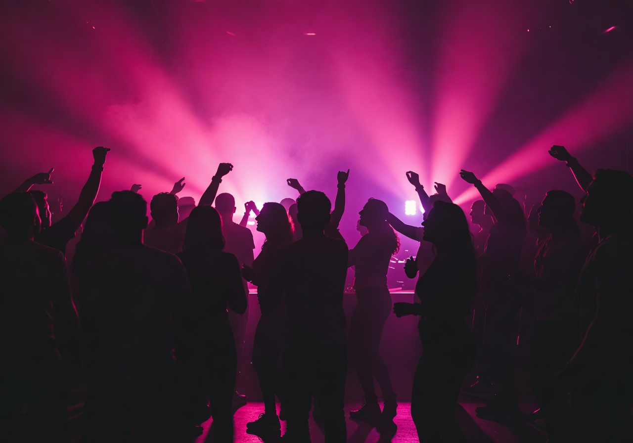 Silhouettes of Malta nightclub crowd against vivid pink and purple stage lights