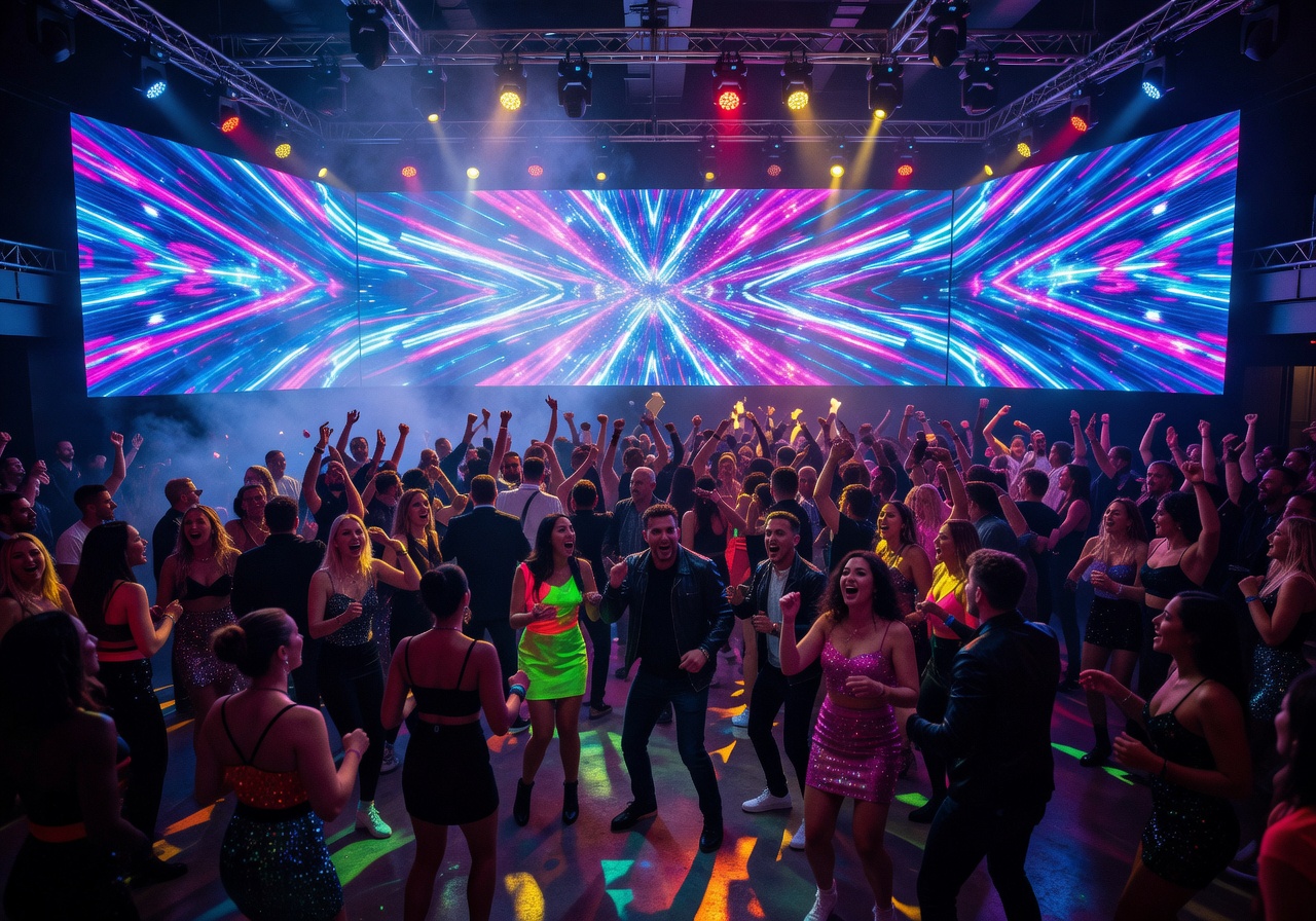 Sky Club Malta interior with massive LED wall and packed dance floor