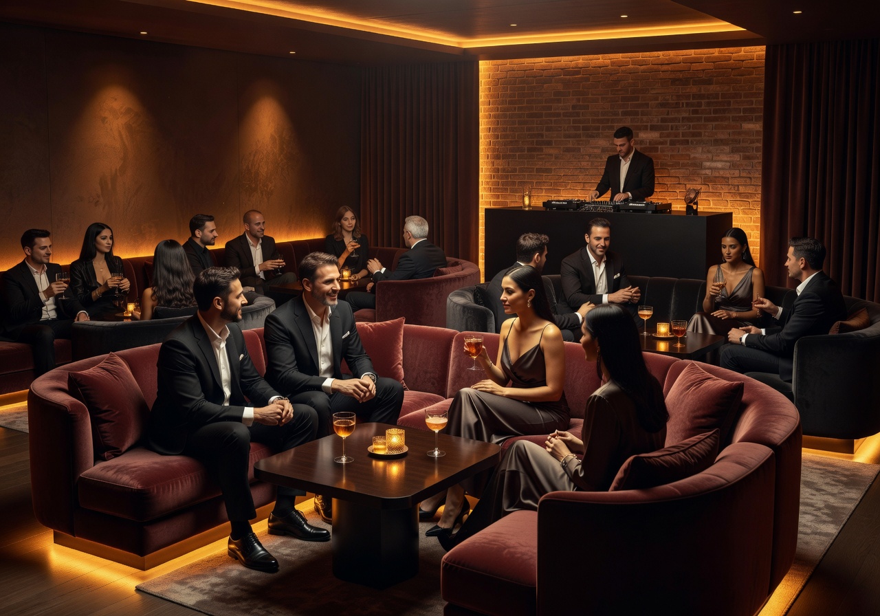 Stylish house music lounge with warm lighting and sophisticated crowd