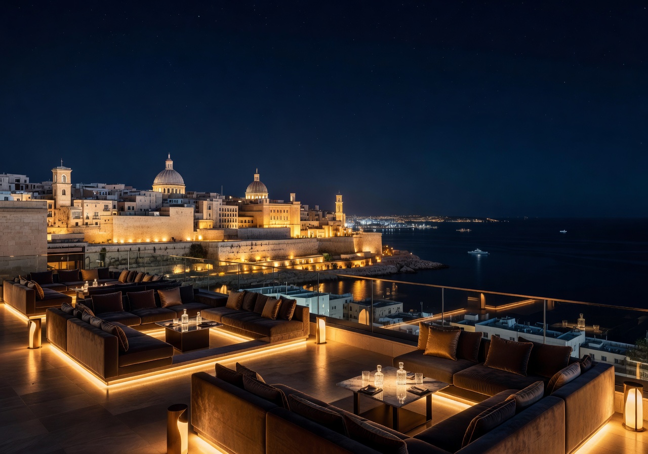 TwentyTwo Malta luxury rooftop club with Valletta skyline views at night