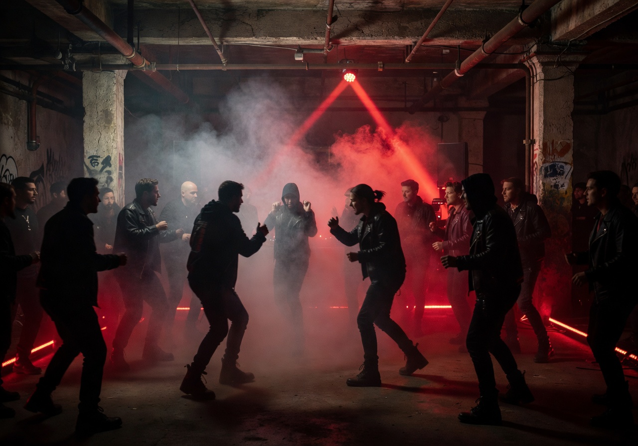 Underground techno event with minimal red lighting and fog machine